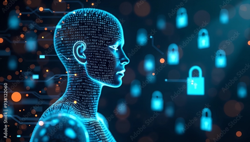 Poster abstract digital privacy representation - transparent human figure with encryption symbols and glowi