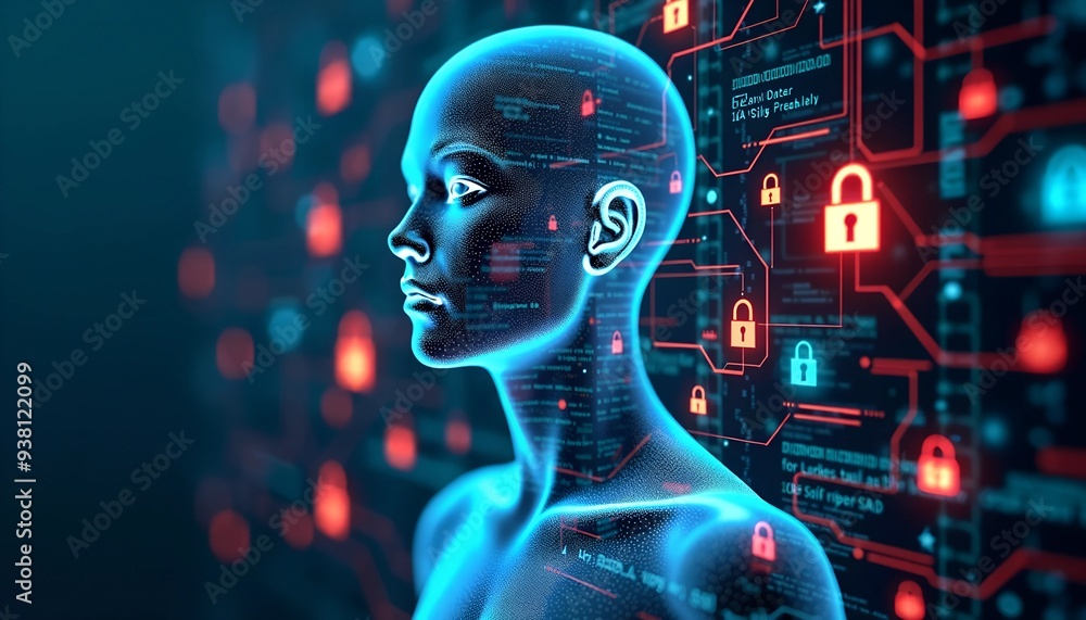 Poster abstract digital privacy representation - transparent human figure with encryption symbols and glowi