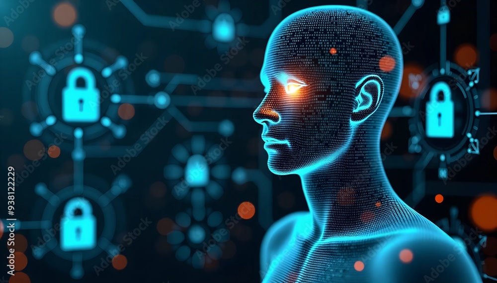 Poster abstract digital privacy representation - transparent human figure with encryption symbols and glowi