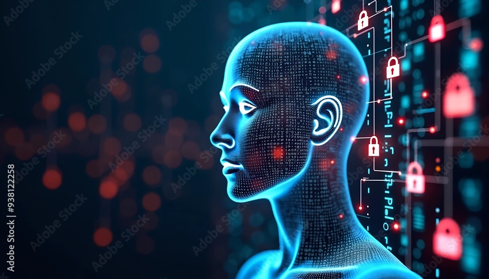 Poster abstract digital privacy representation - transparent human figure with encryption symbols and glowi