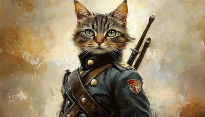 "Classic Animation Style Military Cat Classic Oil Painting Simulation", creative animal patterns, advertising marketing background, abstract fresh and dreamy, image, party animal invitation design, cr