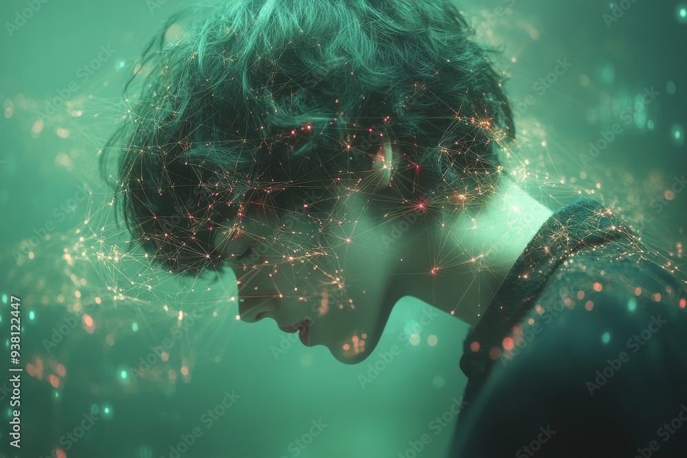 Sticker Thoughtful Young Man with Glowing Particles Surrounding His Profile Representing Reflection Creative Thought and the Depth of Imagination in a Mystical Environment