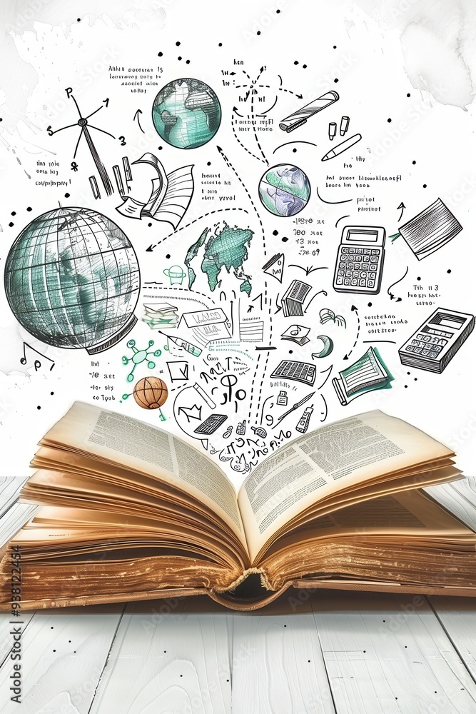 Poster open book with educational symbols on white background - concept of learning and knowledge explorati