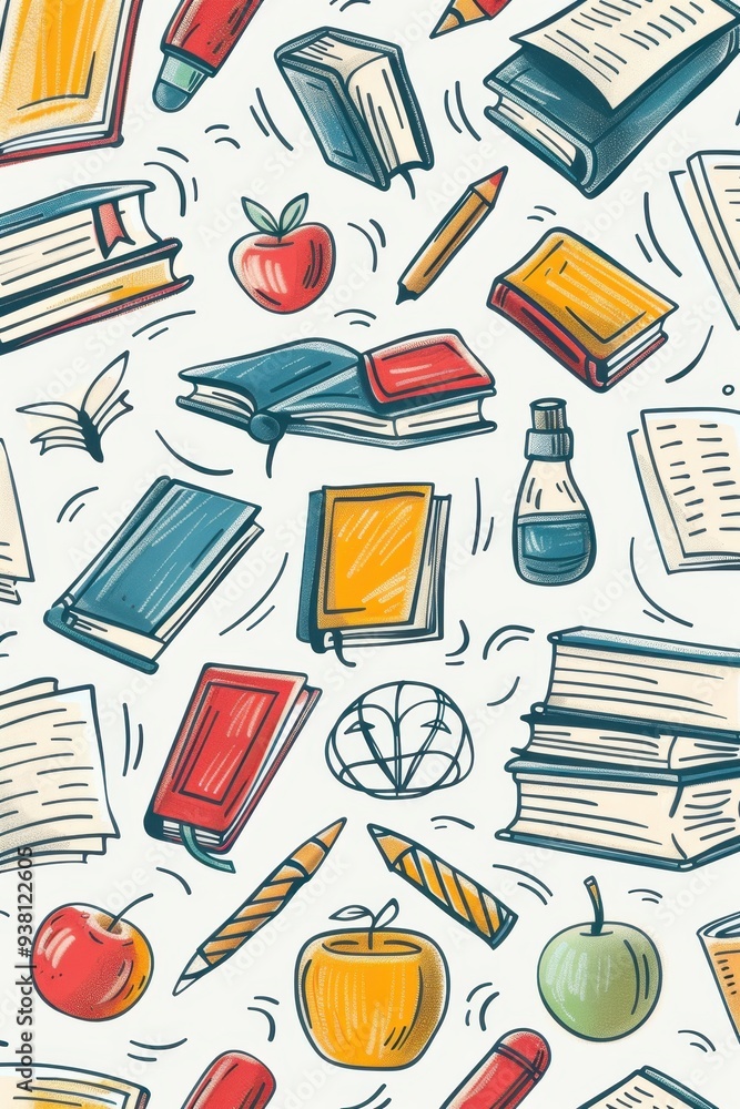 Poster learning concept: outlined drawings of books and educational icons on background with negative space