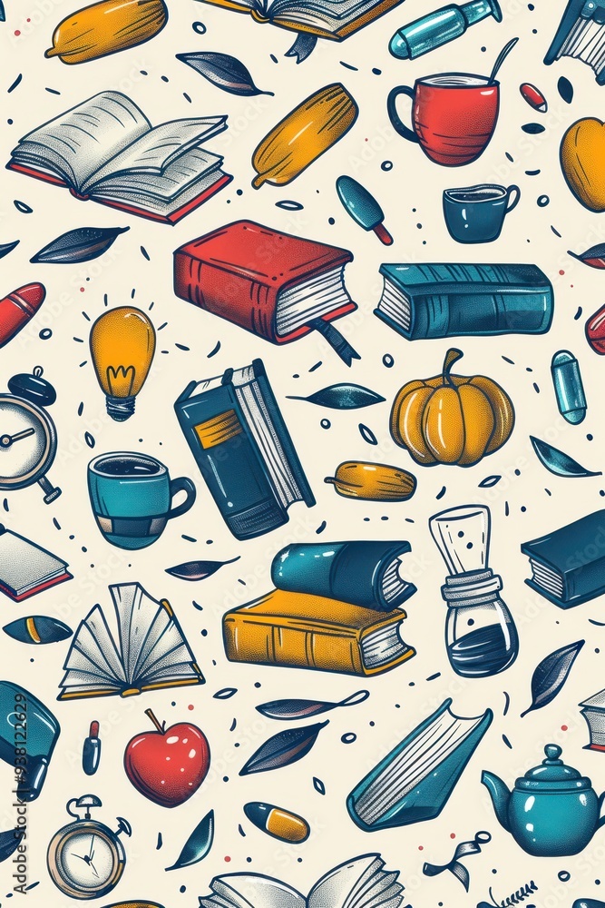 Poster educational icons and books outline background with negative space for text or images