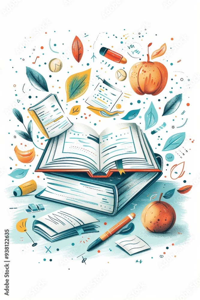 Poster knowledge unleashed - detailed educational elements surrounding a book on clean background with nega