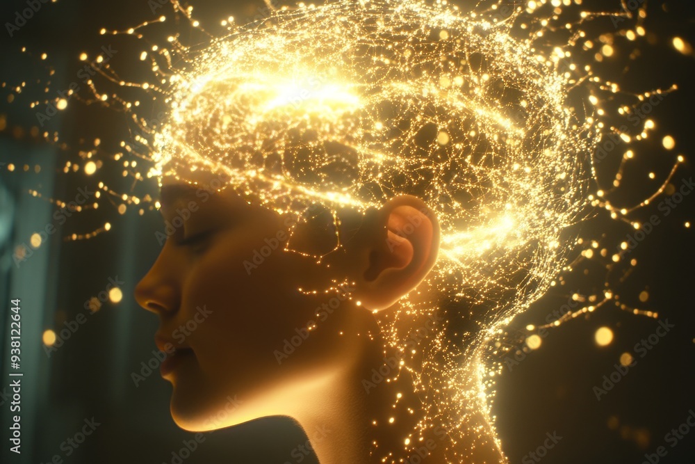 Poster side profile of a woman with glowing brain representing cognitive power neural activity and the stre