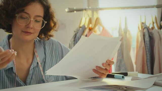 Fashion designer. White Asian woman combines textures effectively generates many ideas in the sewing workshop. Girl activist analyzes finished sketches, follows modern rules of trends, layout