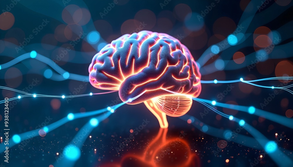 Poster human brain connected to digital network - neural pathways of light symbolizing human and artificial