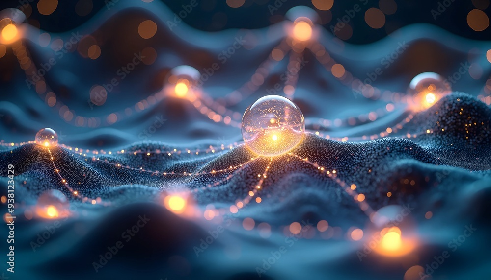 Poster quantum entanglement visualization - interconnected orbs of light with swirling particles and data s