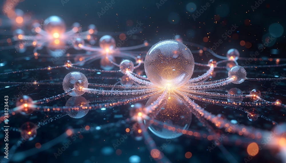 Poster quantum entanglement visualization - interconnected orbs of light with swirling particles and data s