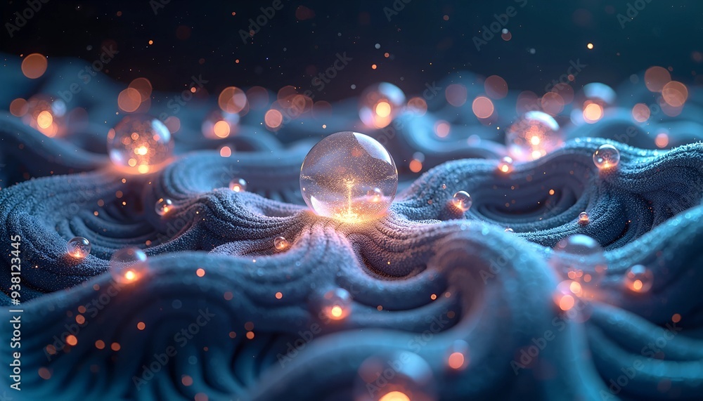 Poster quantum entanglement visualization - interconnected orbs of light with swirling particles and data s