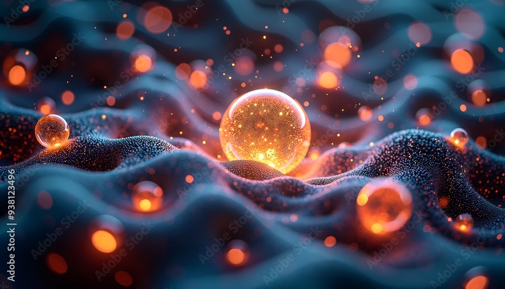 Poster quantum entanglement visualization - interconnected orbs of light with swirling particles and data s