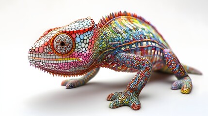 61. **A realistic 3D render of a ceramic tile art depicting a vibrant chameleon with intricate tile designs, isolated on a white background