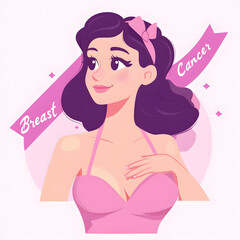 Breast Cancer Awareness month in October Woman with pink ribbon and breast cancer text illustration