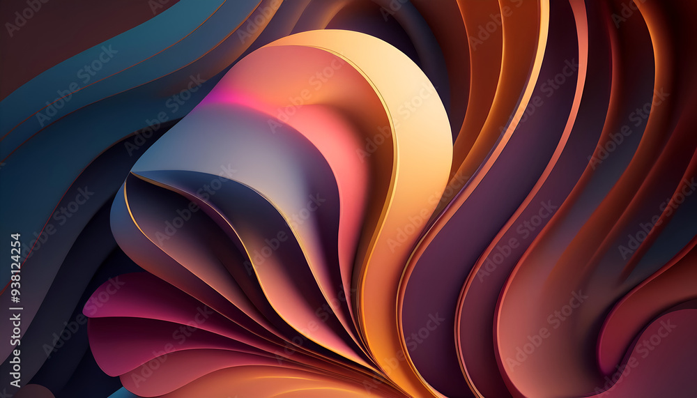 Poster colorful abstract design featuring layered curves in warm and cool tones created with digital techni