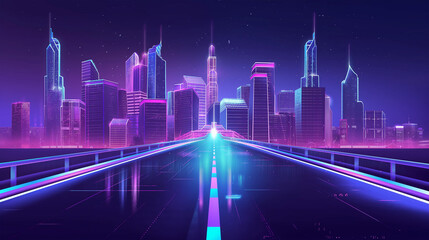The empty highway and glowing skyline, game background, Illustration