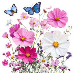 Fototapeta premium A vibrant display of blooming flowers accompanied by colorful butterflies in a picturesque garden setting.