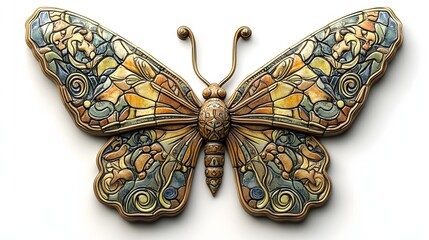 63. **A detailed 3D render of a ceramic tile art featuring a charming butterfly with delicate tilework, isolated on a white background