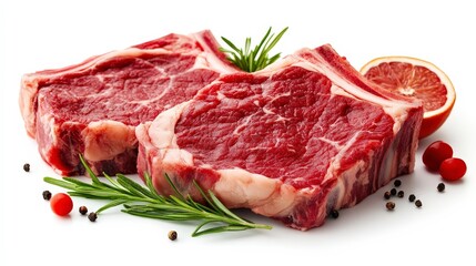 Fototapeta premium Two fresh raw beef steaks garnished with rosemary sprigs, peppercorns, and a citrus slice, isolated on a white background.