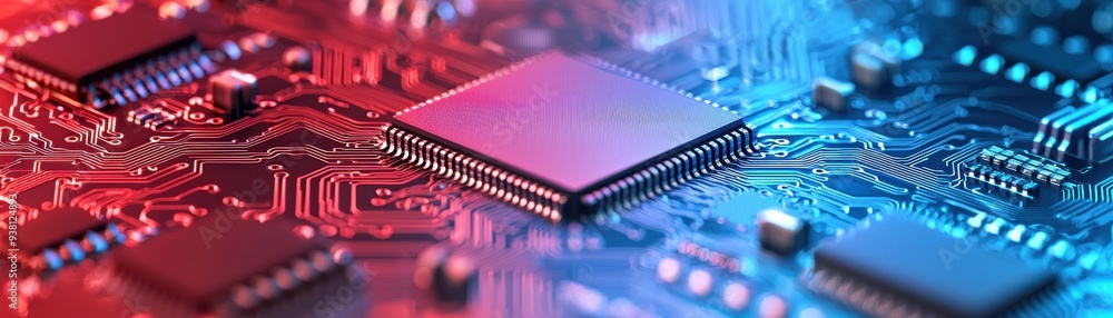 Poster vibrant circuit board featuring microchips and intricate patterns, showcasing the essence of technol