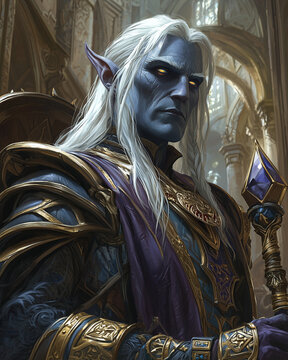 a drow sorcerer with long white hair and blue skin holding a scepter with a purple gem, standing in a richly decorated cathedral with high arches