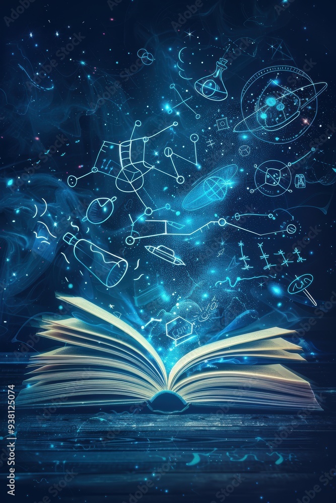 Poster education essentials - open book with learning tools outlines on clear background