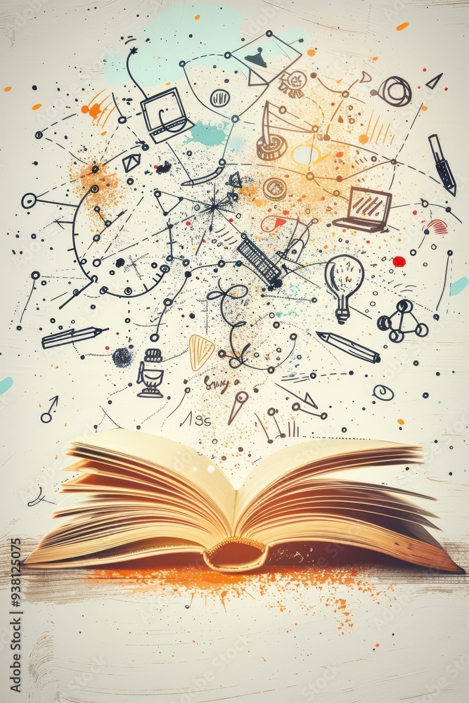 Aufkleber knowledge unfolded - an open book illustration with learning tools outlines on clean background