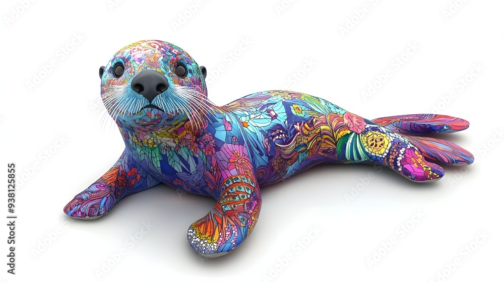 Poster 66. **a 3d render of a ceramic tile art featuring a playful sea otter with vibrant patterns and text