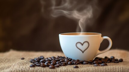 Coffee Beans and Steaming Cup with Heart