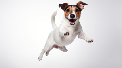 Jack Russell Terrier jumping in the air on white background. Isolate. National dog day, international pet day, national puppy day.