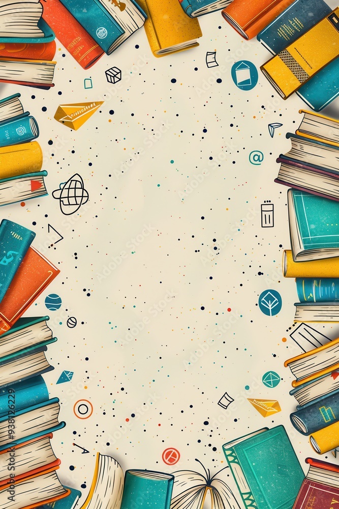 Fototapete minimalist stack of books background with learning icons and copy space for text