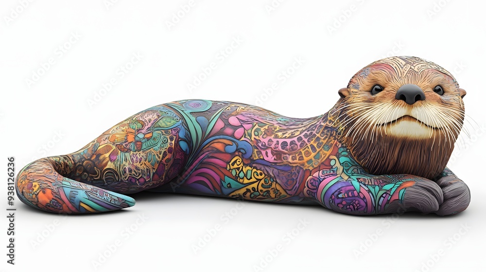 Poster 66. **a 3d render of a ceramic tile art featuring a playful sea otter with vibrant patterns and text