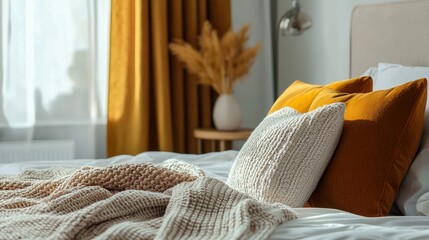 A modern bedroom with a simple autumnal touch, such as a burnt orange pillow or a knit blanket draped over the bed. The space is clean and uncluttered.