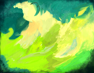 A vibrant digital abstract art piece featuring dominant yellow and green hues