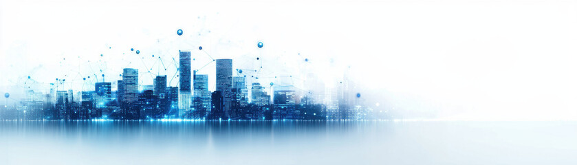 Obraz premium Illustration of a futuristic city where economic policy drives innovation, represented by digital blueprints and tech symbols