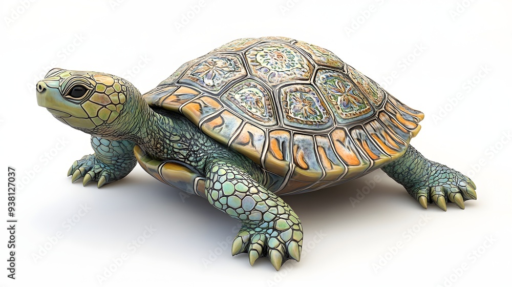 Aufkleber 68. **a lifelike 3d render of a ceramic tile art showcasing a charming turtle with elaborate shell p