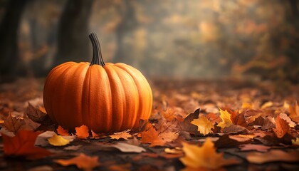 A vibrant orange pumpkin surrounded by fallen autumn leaves in a serene forest setting, capturing the essence of the fall season.