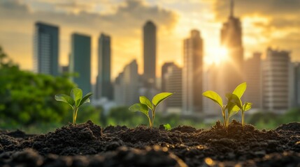 Young seedlings growing in fertile soil with an urban city skyline and sunrise in the background, symbolizing growth and sustainability.