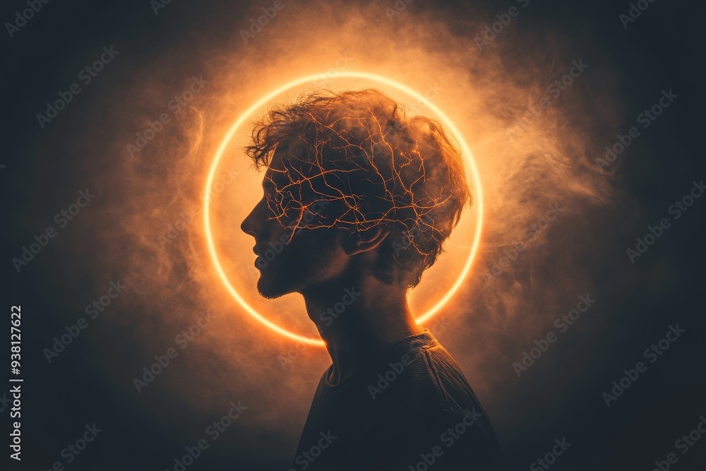 Aufkleber silhouette of a person with a glowing brain and halo representing cognitive power neural activity an