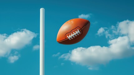 A football is soaring through sky near goalpost, symbolizing excitement and anticipation in game. 
