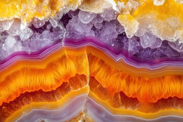 Closeup of cross section of agate crystal from malawi with fine textured background with distinct vibrant orange and violet color wavy lines with tiny molecules of minerals , ai