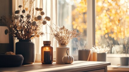 Fototapeta premium A modern home interior with sustainable autumn decor, showcasing natural materials like wood, stone, and dried flowers. The space feels cozy and environmentally conscious.
