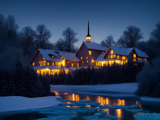 landscape with houses and mountains, night in the mountains, winter
