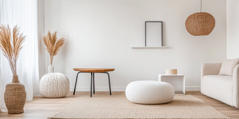 Serene minimalist living room space with cozy textures and natural elements