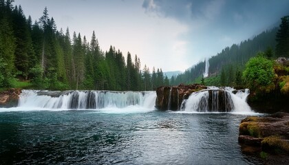 Fototapeta premium A waterfall with a forest in the background