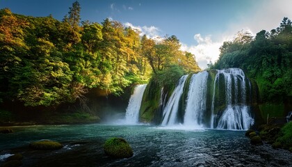 Fototapeta premium A waterfall with a forest in the background