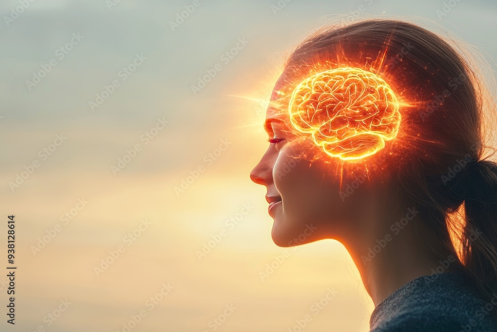Poster profile of a woman with glowing brain visualization at sunset representing cognitive power neural ac