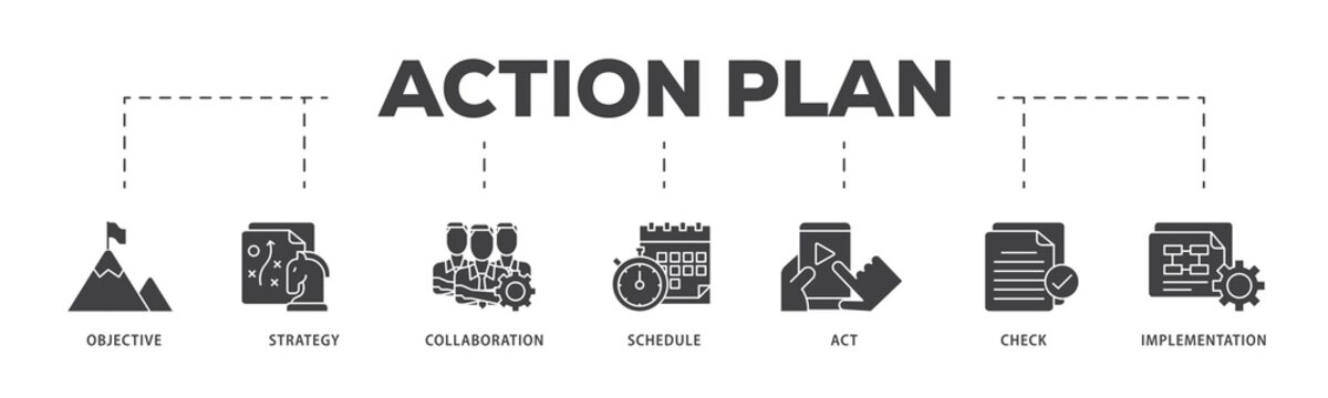Action plan icon infographic illustration concept with icon of objective, strategy, collaboration, schedule, act, launch, check, and implementation icon png and easy to edit 