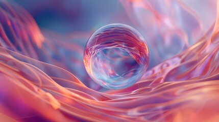 An isolated, transparent sphere hovering against a backdrop of abstract waves.